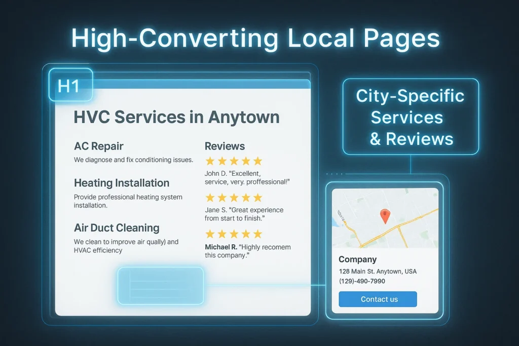 How to Create Content for Local Landing Pages for SEO? 6 Example of a high-converting local landing page with city-specific SEO features.