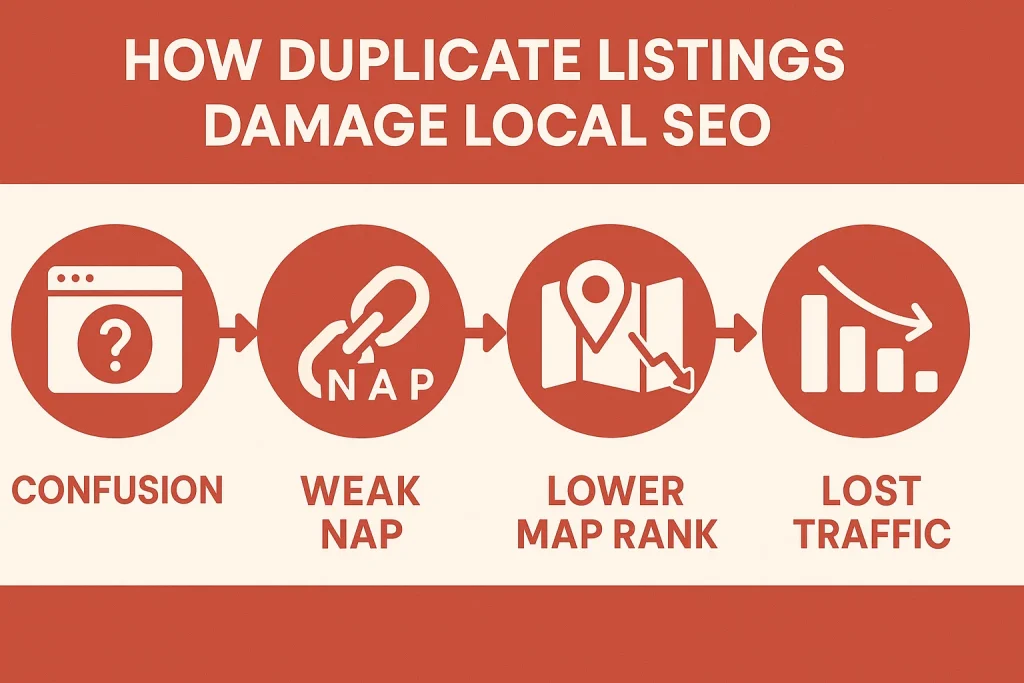 Infographic showing how duplicate Yelp listings cause NAP issues, confusion, ranking drops, and traffic loss.