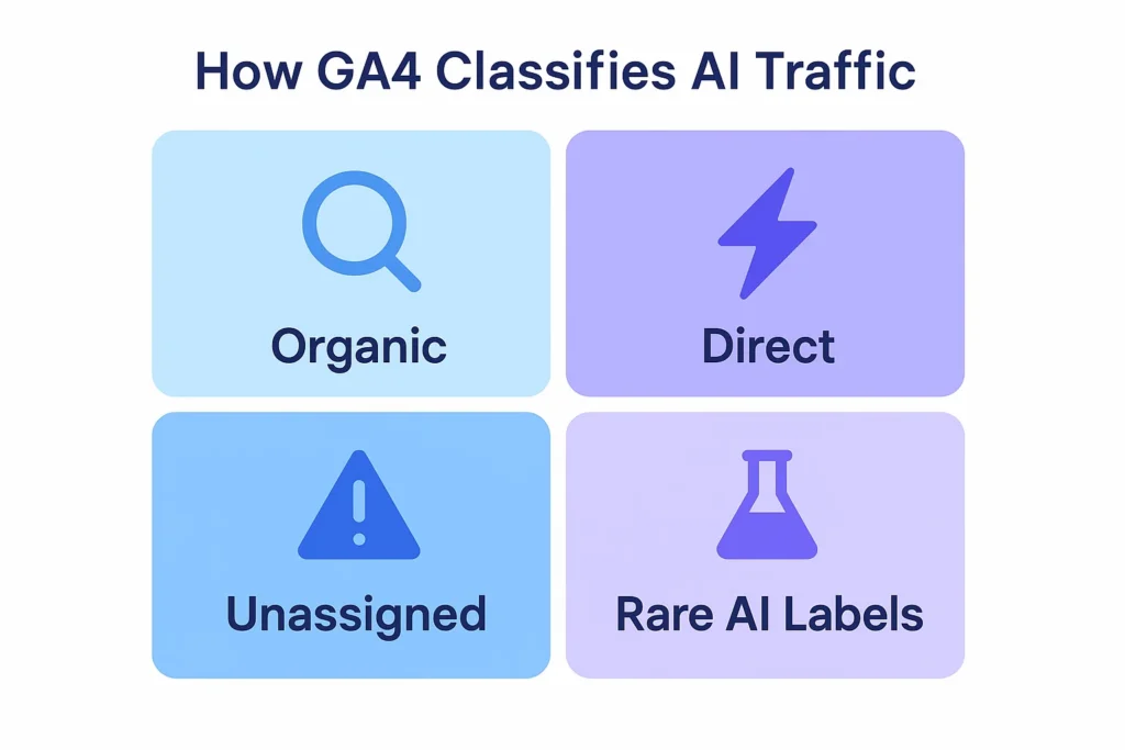 Infographic showing classification paths for GA4 traffic coming from Google AI Mode.