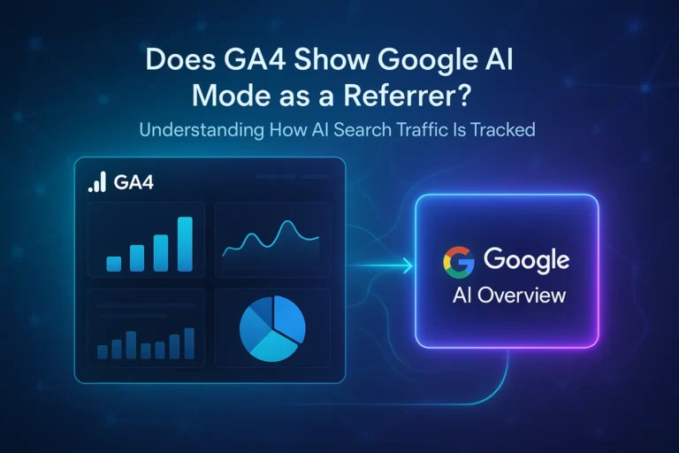 Hero image showing GA4 dashboard connected to Google AI Overview traffic concept.