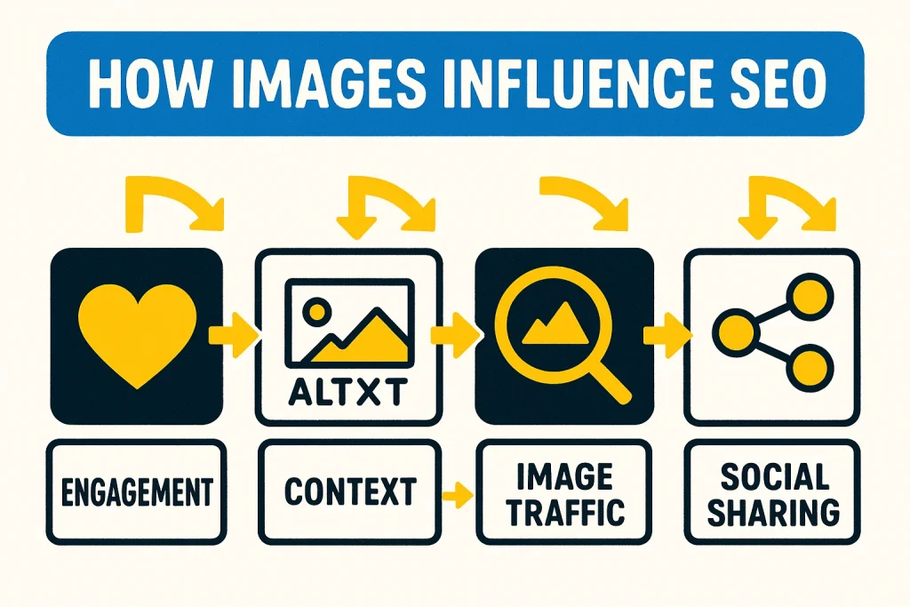 Infographic showing how images boost SEO through engagement, context, image search traffic, and social visibility.