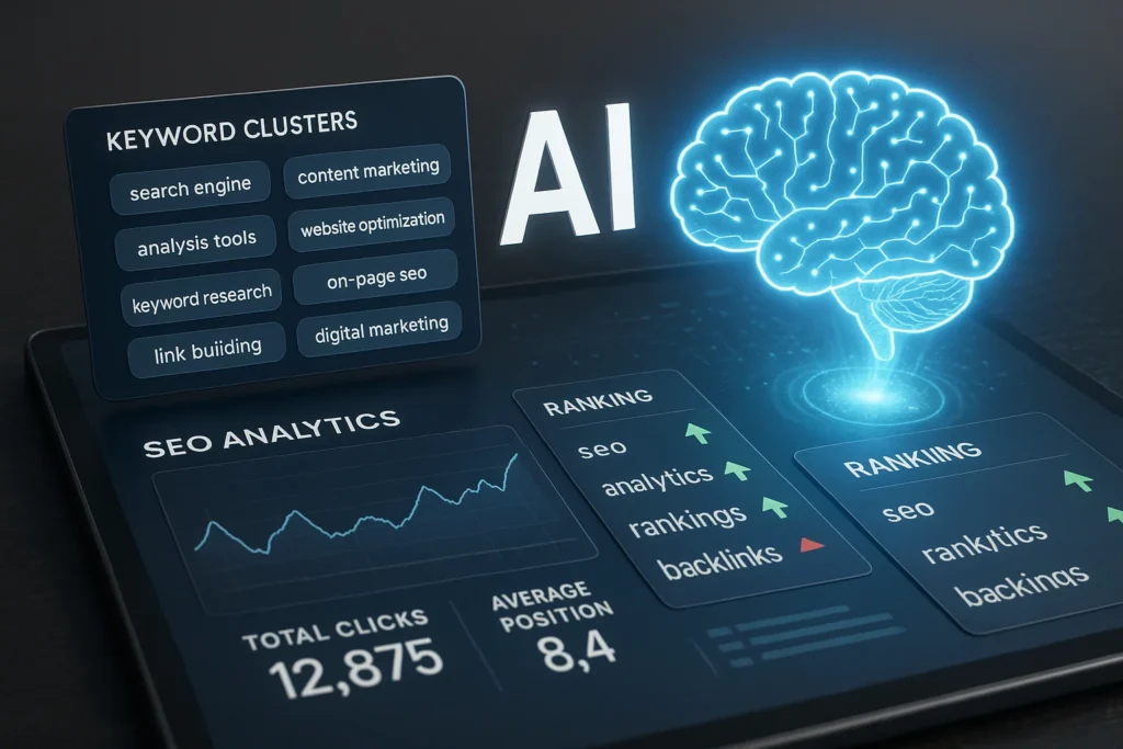 Futuristic AI analyzing SEO data with glowing holographic elements in hero section.