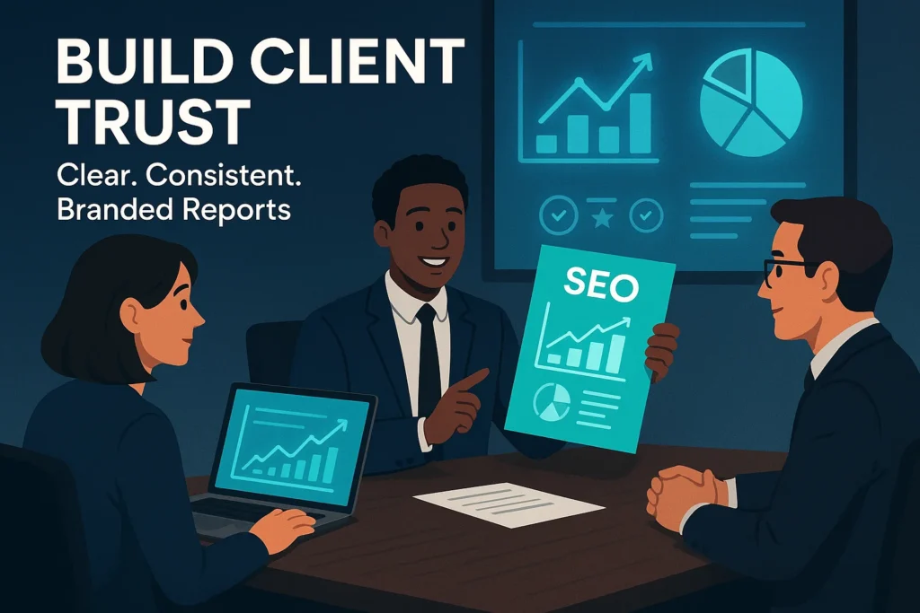 Agency presenting white label SEO report to build client trust.