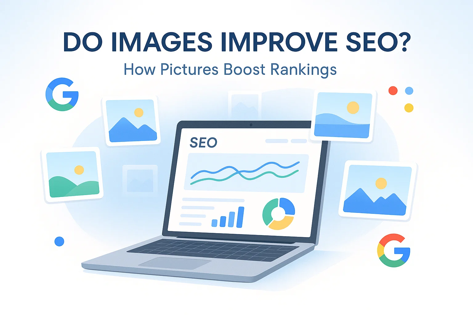 Hero visual showing images, analytics screen, and SEO icons representing how optimized pictures improve search performance.