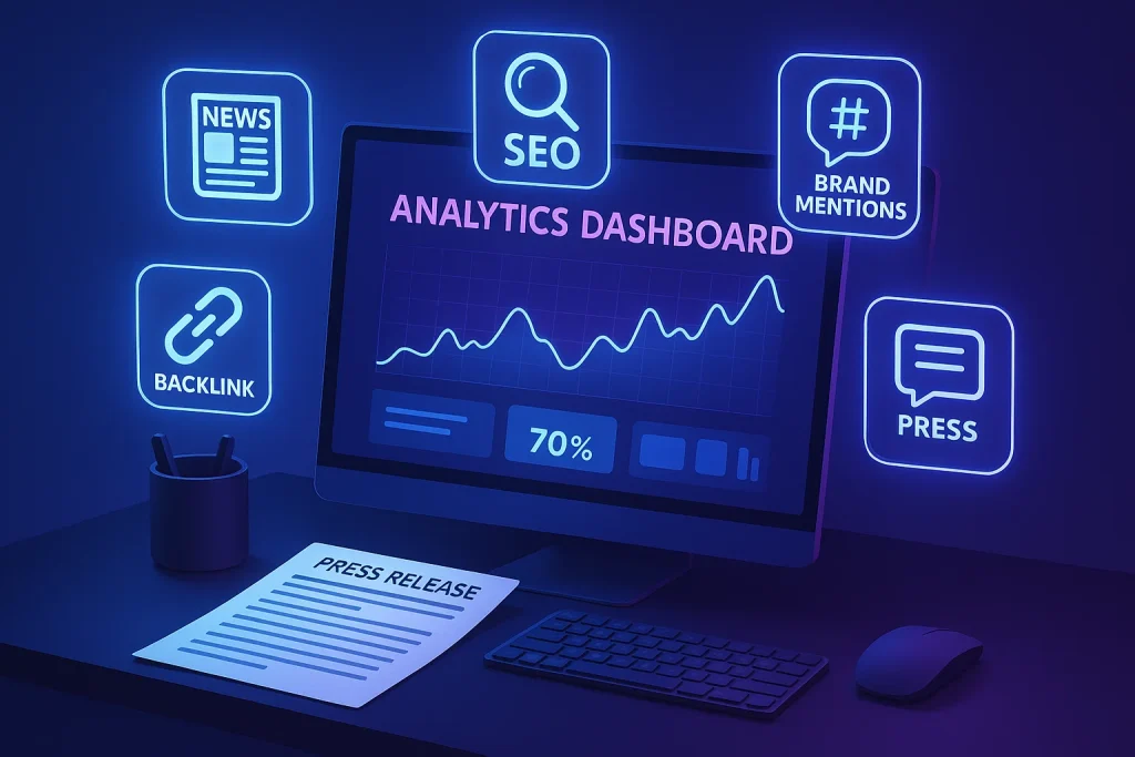 Illustration showing SEO analytics, press release documents, and media icons representing how press releases support SEO indirectly.