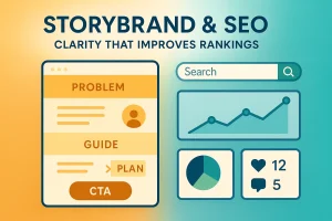 Hero graphic showing StoryBrand messaging layout combined with SEO performance icons.