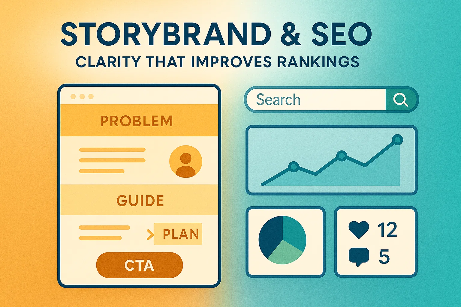 Hero graphic showing StoryBrand messaging layout combined with SEO performance icons.