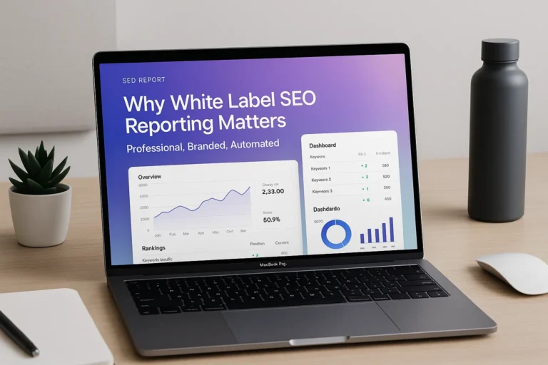 Branded SEO report shown on laptop explaining why white label reporting is important.