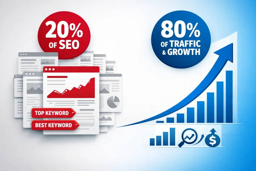 80/20 rule in SEO showing how 20 percent of efforts generate 80 percent of results