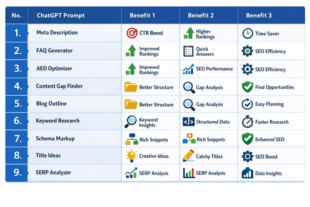 ChatGPT SEO prompts list with benefits