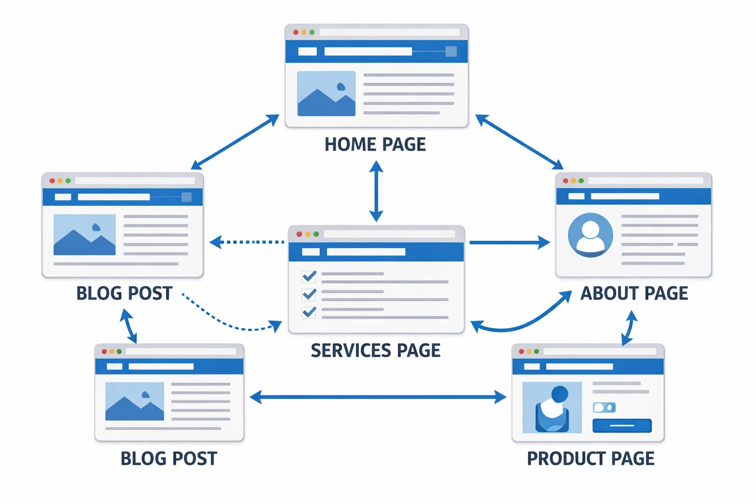 cross linking in SEO showing internal links between related website pages