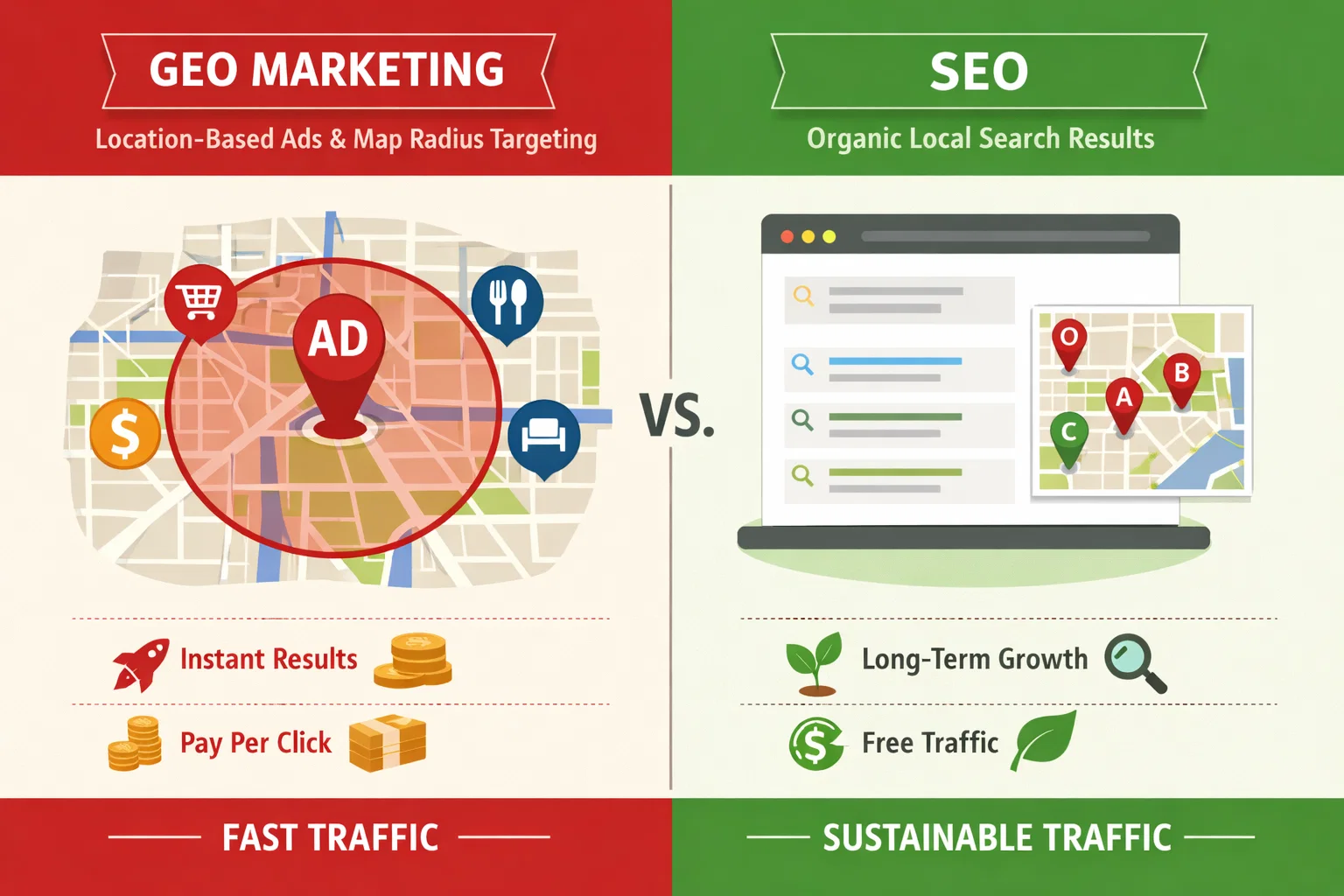 GEO marketing vs SEO for local marketing showing paid location targeting and organic search results