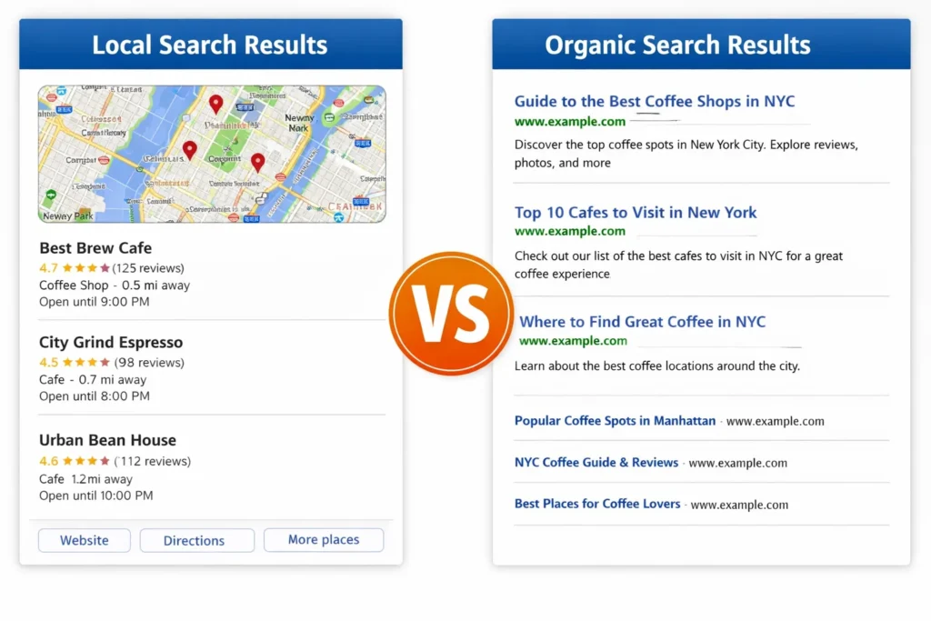 difference between local SEO and organic SEO in search results