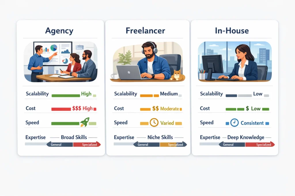 SEO agency vs freelancer vs in-house SEO comparison chart