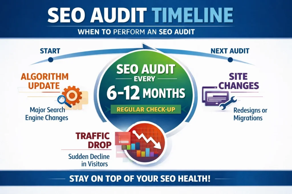 SEO audit frequency timeline showing recommended 6 to 12 month audits