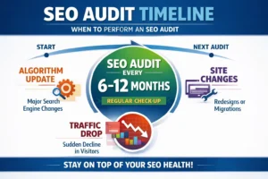 SEO audit frequency timeline showing recommended 6 to 12 month audits