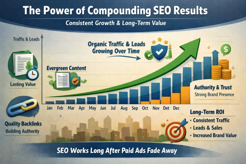 SEO long-term growth strategy showing sustainable traffic and business growth