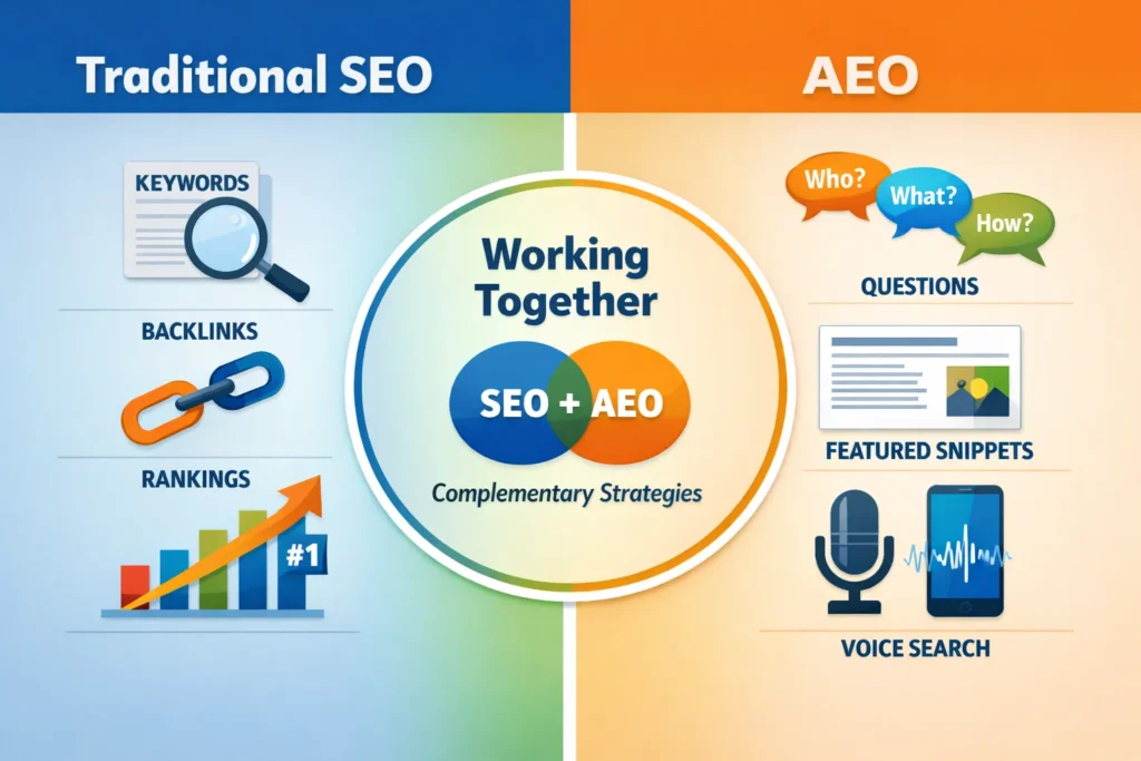 How to Integrate AEO with Traditional SEO Strategies 1 Comparison of AEO versus traditional SEO strategies