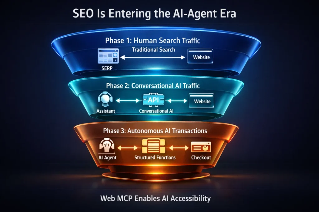 Illustration of AI agents interacting with websites through Web MCP affecting SEO traffic
