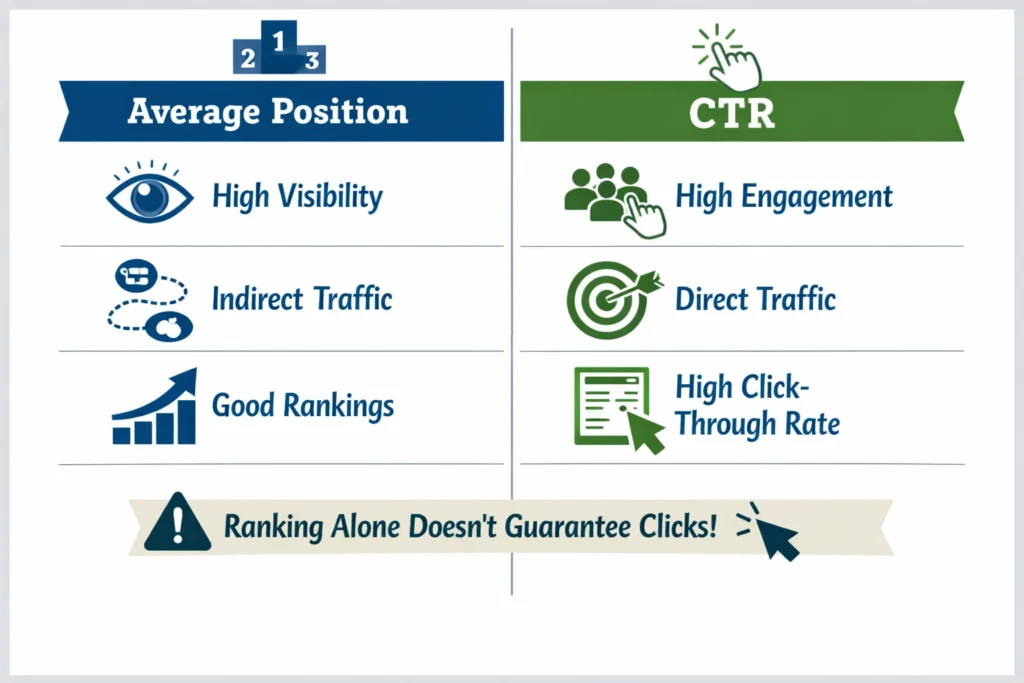 What Is a Good Average Position in Google Search Console? 2 Comparison infographic of Average Position vs Click Through Rate in SEO