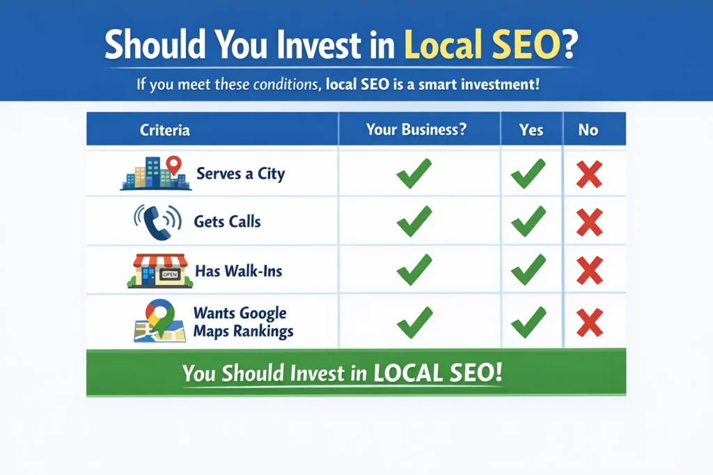 Decision checklist showing when a business needs local SEO for calls, bookings, and Maps