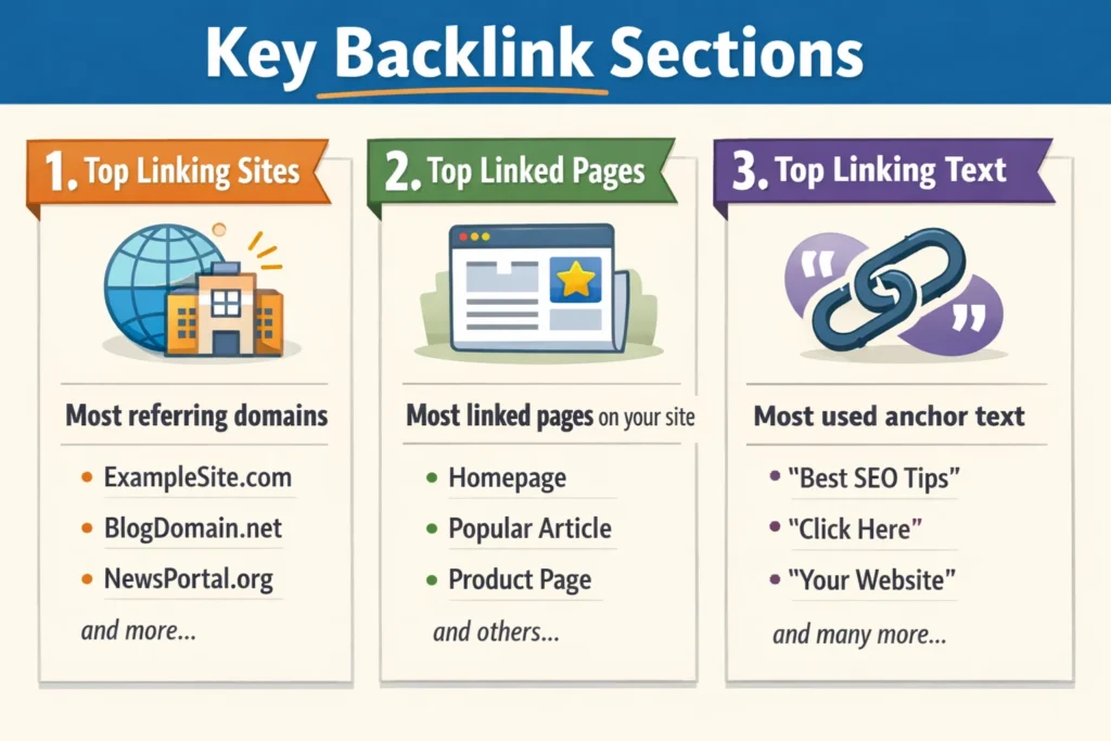 How to Check Backlinks in Google Search Console? 1 Google Search Console backlinks report sections explained visually