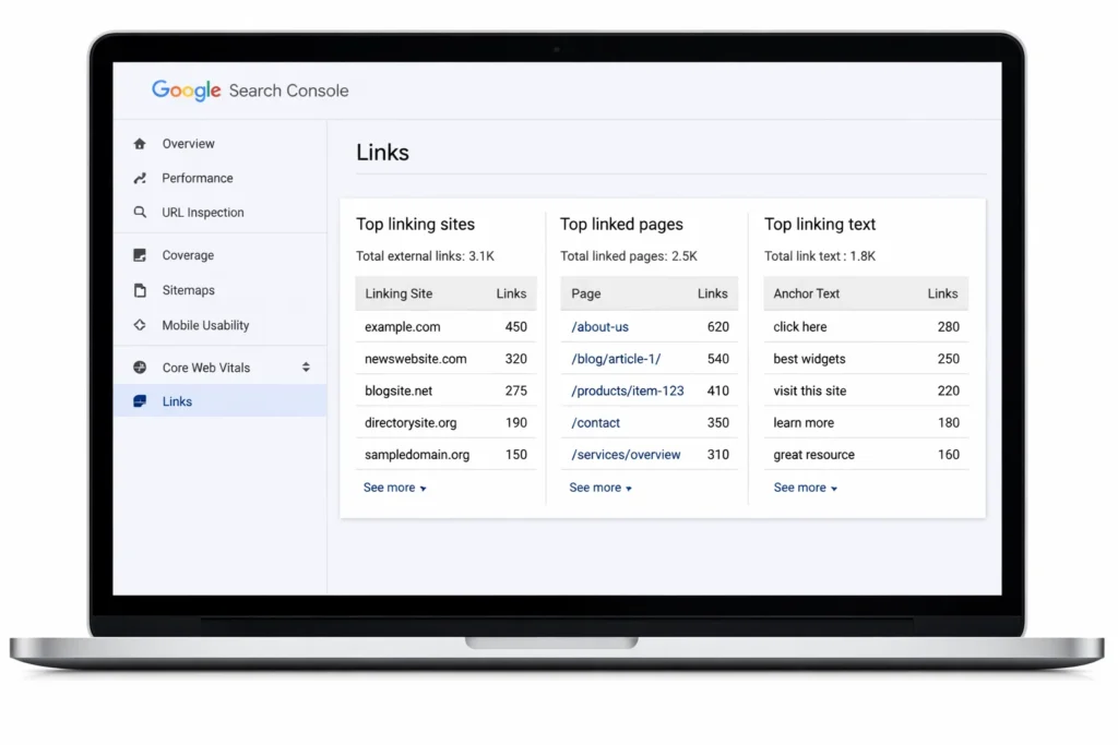 Google Search Console Links report showing backlinks and top linking sites