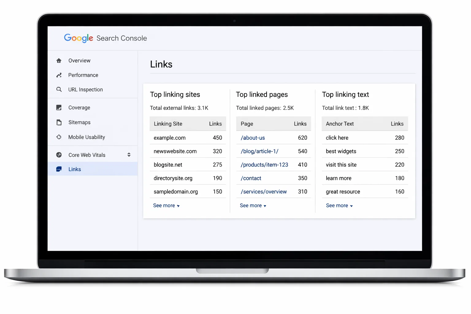 Google Search Console Links report showing backlinks and top linking sites