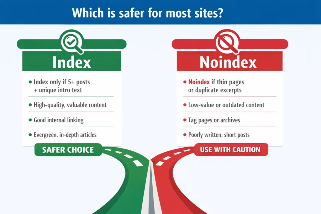 Decision guide showing when to index or noindex WordPress tag archive pages
