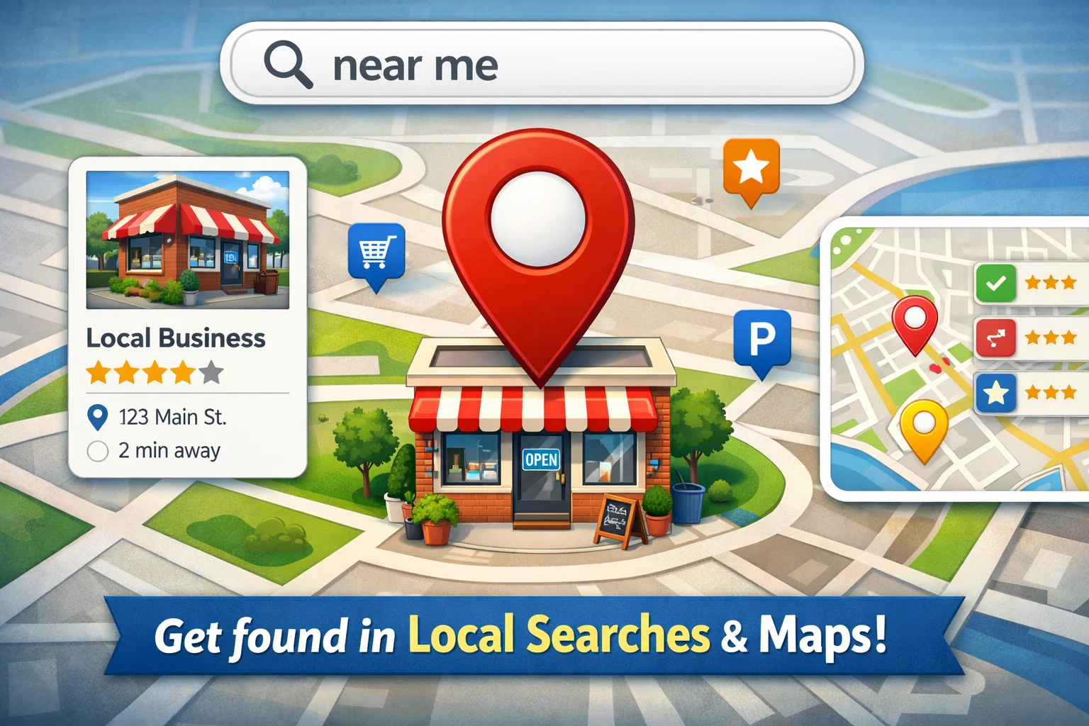 Local business on Google Maps with search bar showing “near me” results