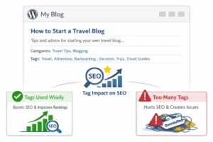 WordPress tags and categories shown with SEO icons representing rankings and indexing