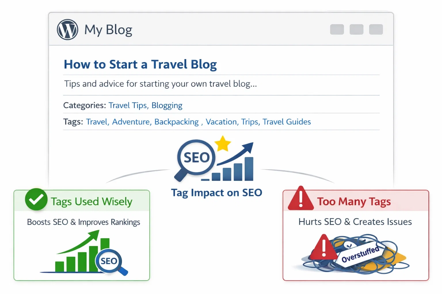 WordPress tags and categories shown with SEO icons representing rankings and indexing