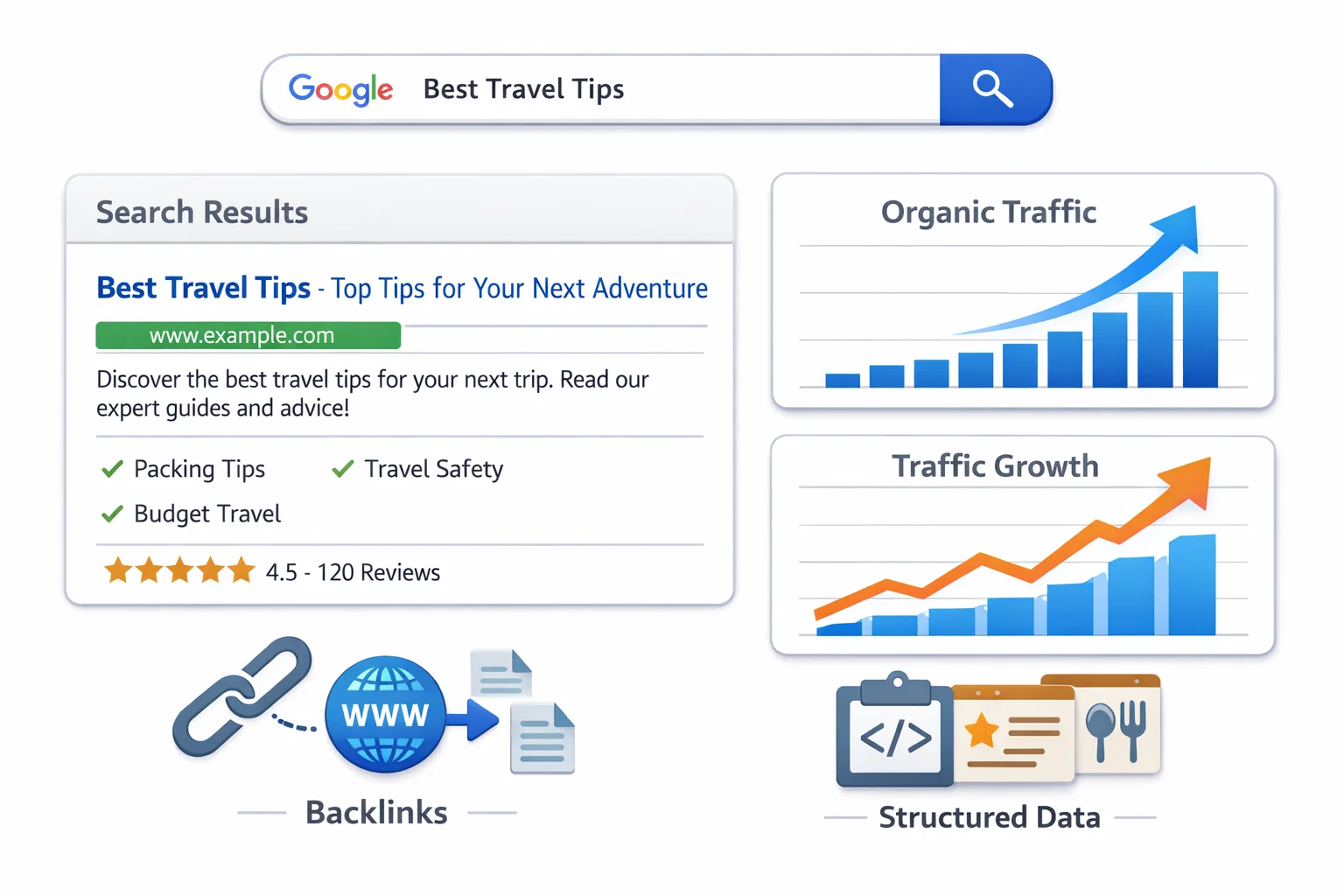Essential SEO terms including keywords SERP backlinks and organic traffic
