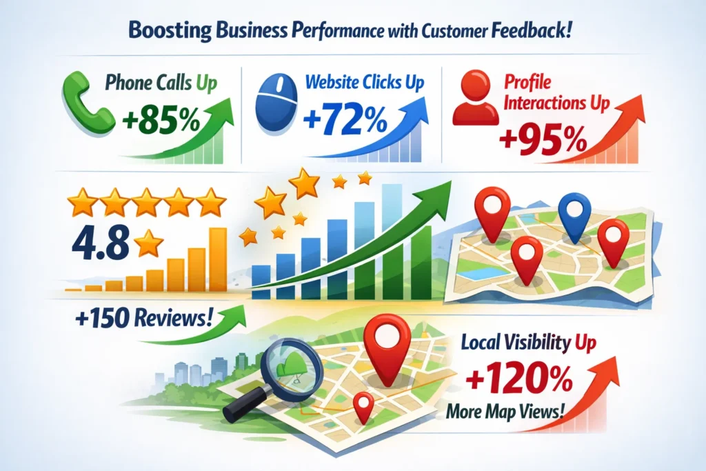 Local SEO results showing increased calls clicks and profile interactions from reviews