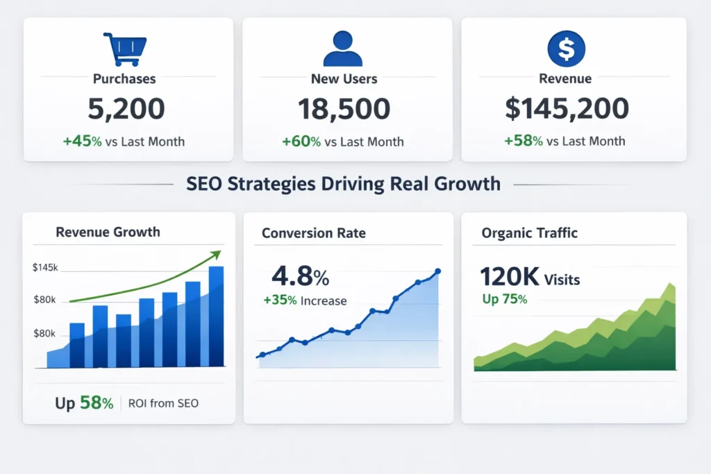 SEO performance results showing revenue conversions and organic growth