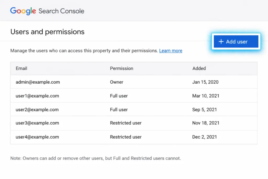Google Search Console users and permissions dashboard view