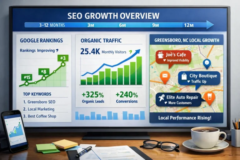 Greensboro SEO timeline showing ranking and traffic growth over 3 to 12 months