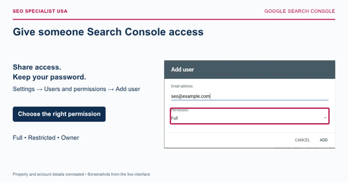 How to give someone Google Search Console access using Users and permissions.