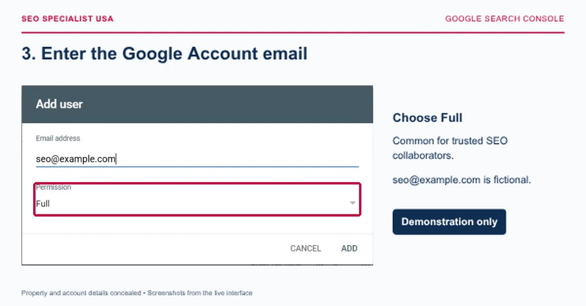 Search Console Add user dialog with fictional seo@example.com email and Full permission highlighted.