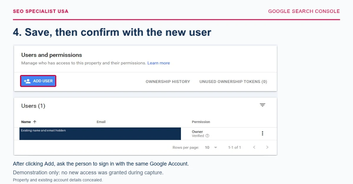 Search Console user list with existing name and email concealed, illustrating where to confirm access.
