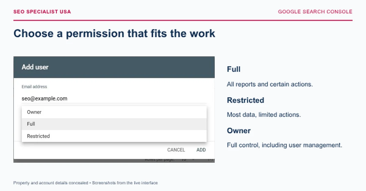Search Console permission menu showing Owner, Full and Restricted roles.