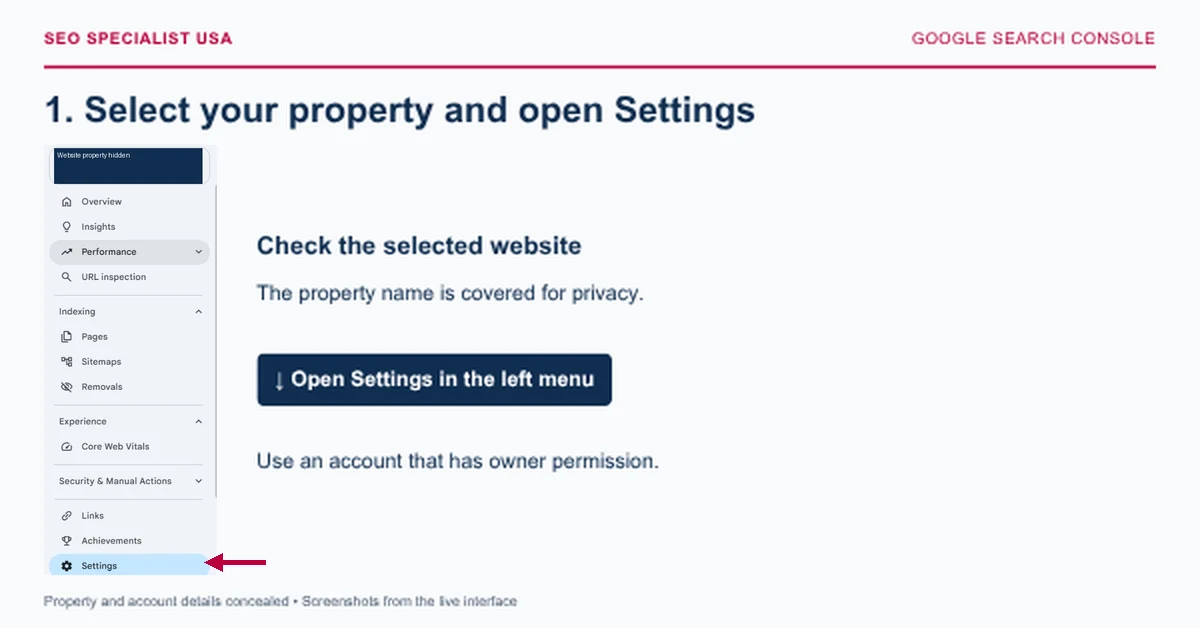 Search Console property selector concealed for privacy, with an arrow pointing to Settings.