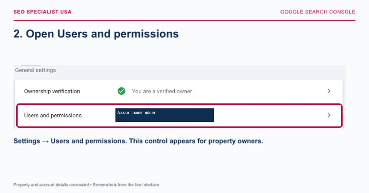 Users and permissions highlighted in Search Console Settings, with the account name concealed.