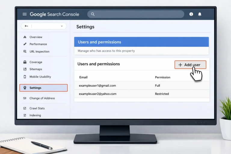 Adding a user in Google Search Console settings and permissions section