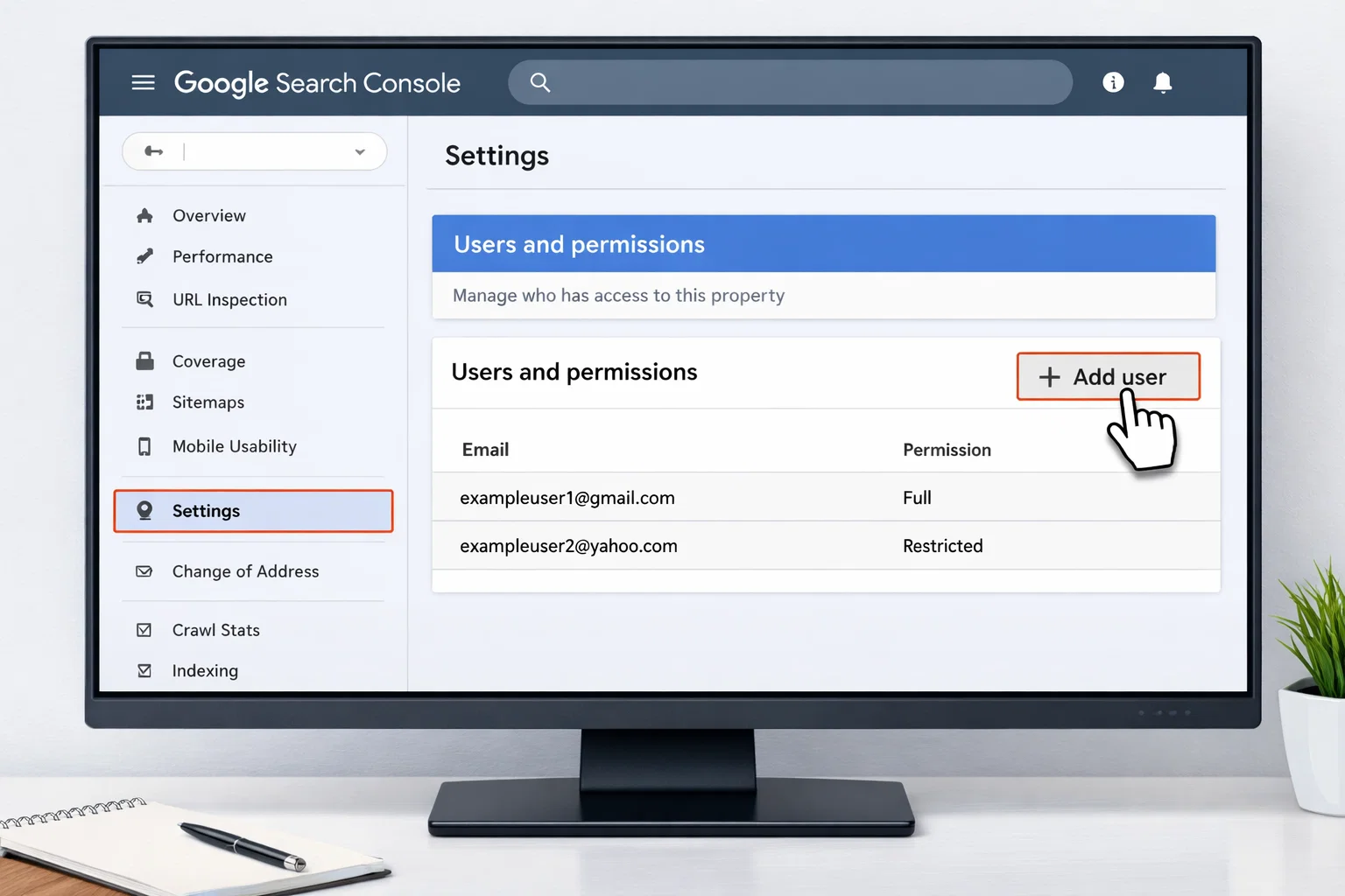 Adding a user in Google Search Console settings and permissions section
