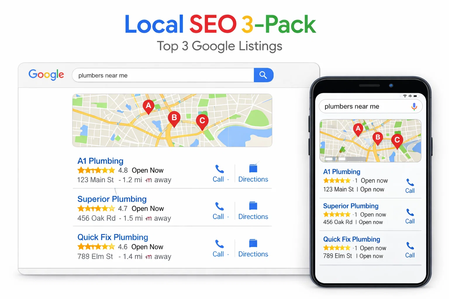 google local seo 3 pack results map top 3 listings