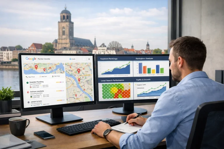 SEO expert reviewing Deventer keyword rankings and Google analytics dashboard in modern office