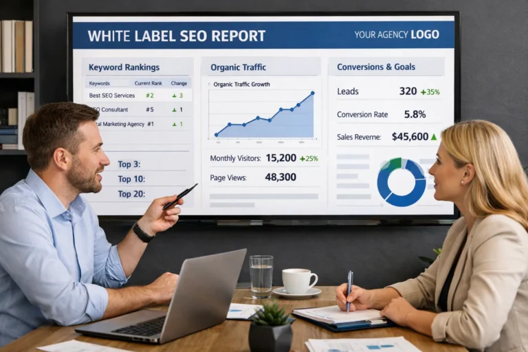 SEO agency presenting branded SEO performance report dashboard to client