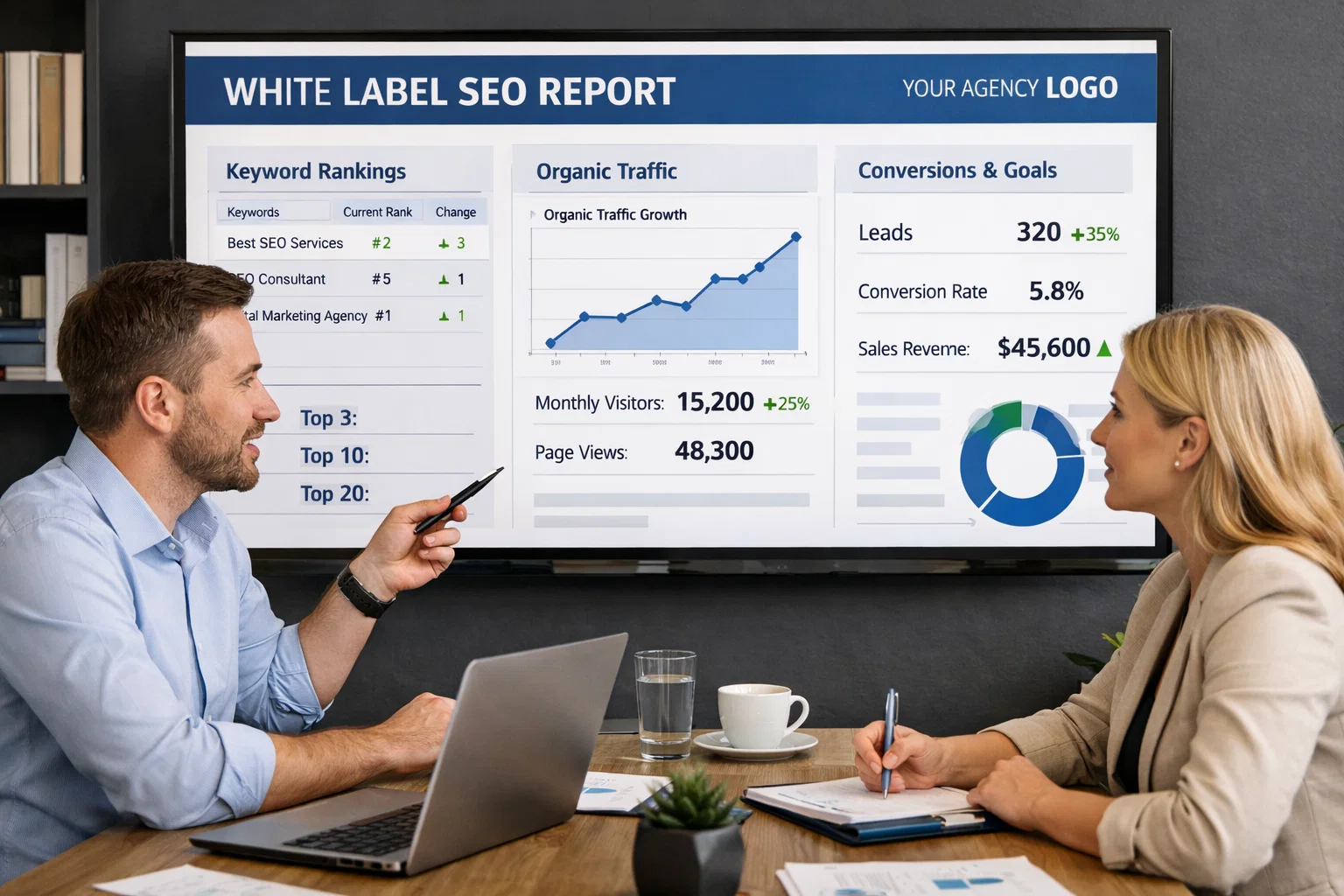 SEO agency presenting branded SEO performance report dashboard to client