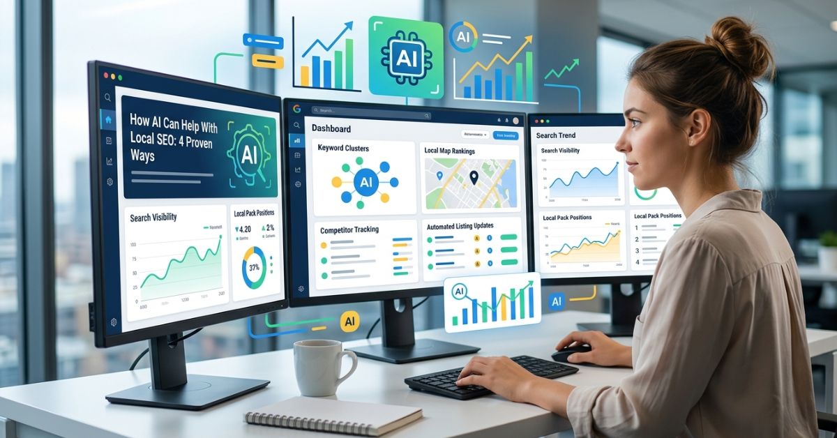 SEO specialist analyzing AI-driven local SEO data and keyword insights on a dashboard